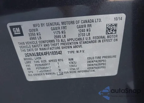 2015 Chevrolet Equinox 1Lt из США, поврежденный, VIN 2GNALBEK4F6183542